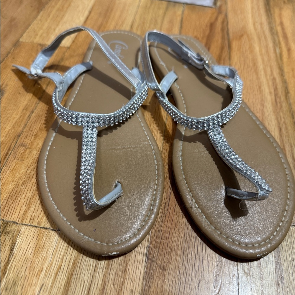 Candie's Silver and Brown Sandals with Rhinestone Embellishments